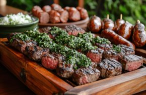 Gegrillte Steakstücke mit grüner Chimichurri-Sauce auf einem Holztablett, im Hintergrund Würstchen und eine Schüssel Salat.